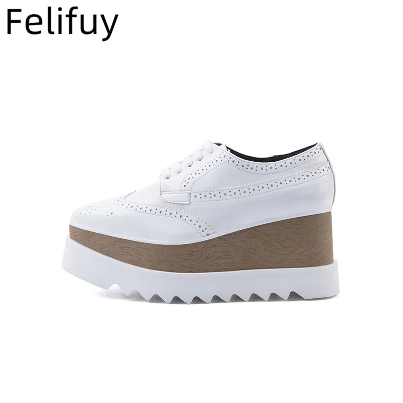 Block Brogue Shoes Woman Spring Japanned Cow Leather Platform bolka dot Casual Shoes Creepers Runway Single Shoes Increase