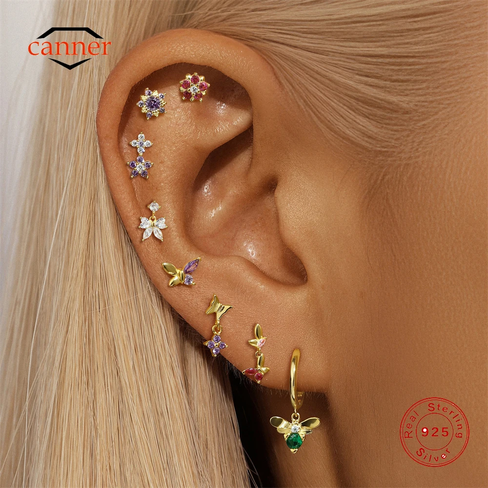 

CANNER 1PC Colored Purple Zircon Butterfly Flower Geometric Zircon 925 Sterling Silver Stud Earrings For Women Ins Green Earring