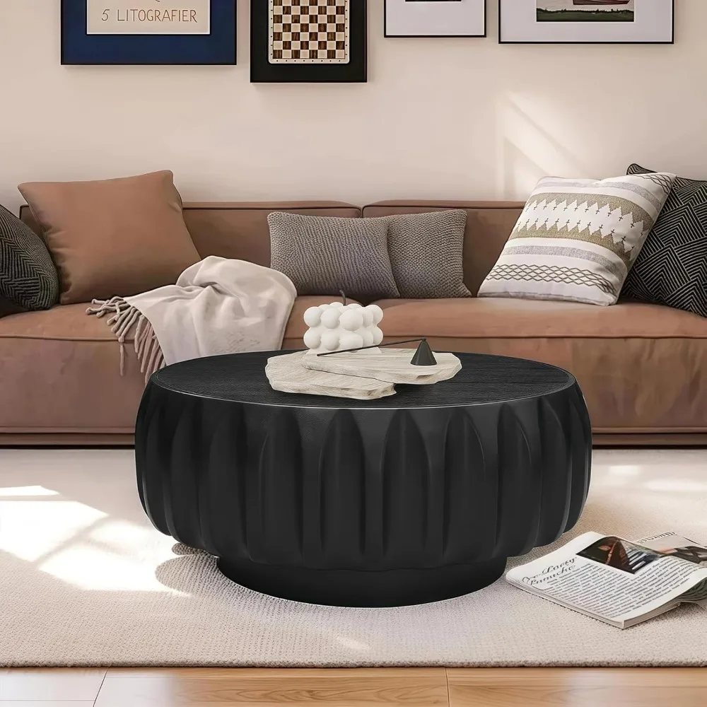 

Solid Wood Round Coffee Table with Hand-Carved Sculptural Base, Elegant Mid-Century Modern Design, 31.5" Rustic Center Table Coc
