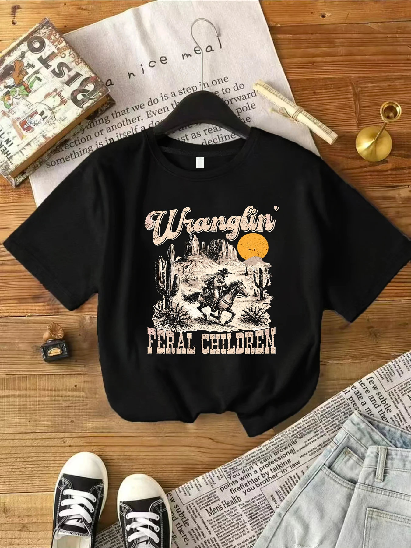 【WZM17556】Western sunset cowboy print T-shirt short-sleeved summer women's casual T-shirt fashionable women's clothing