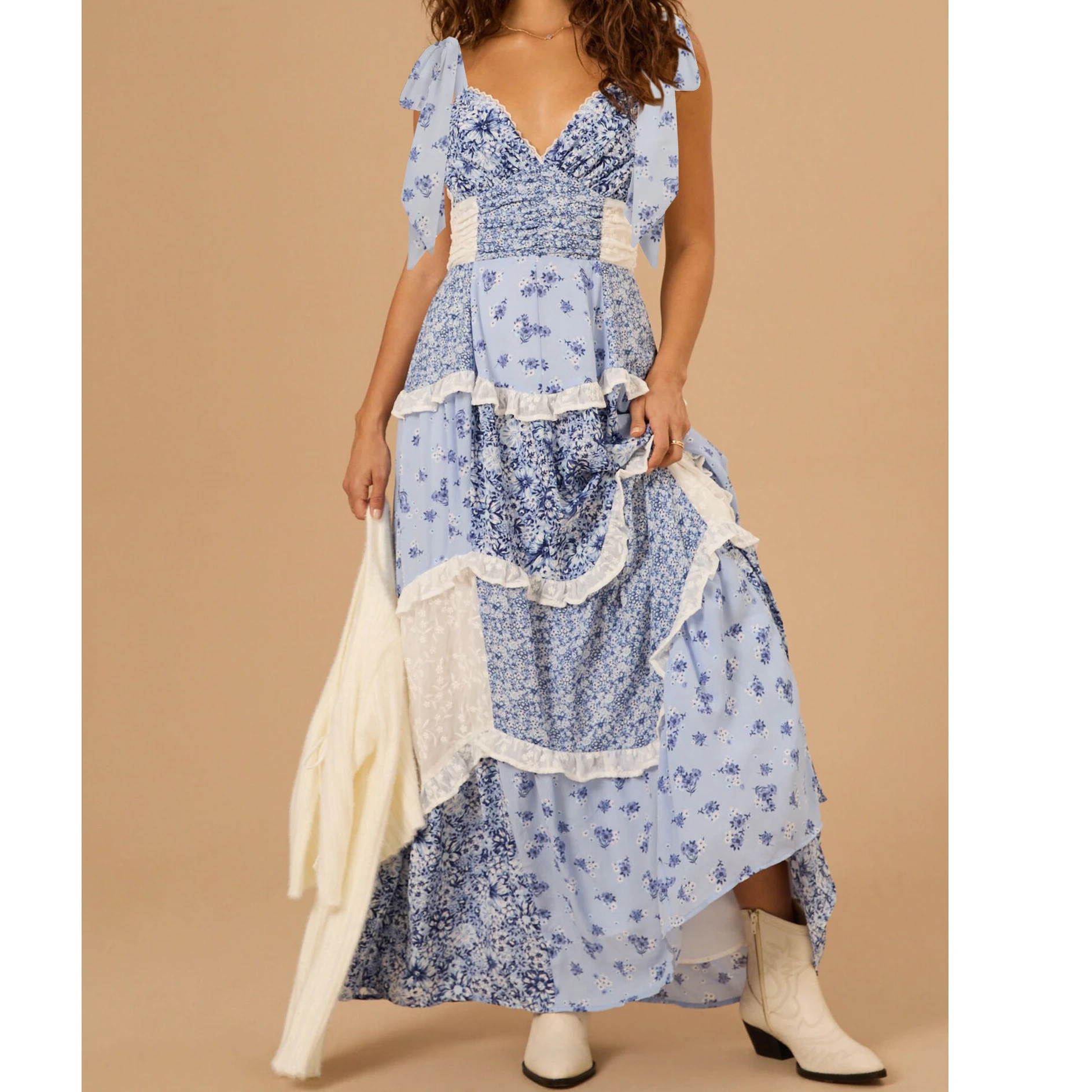 Abito da donna senza maniche in pizzo patchwork floreale con scollo a V profondo, cravatta con spalle scoperte, abito lungo con volant a strati