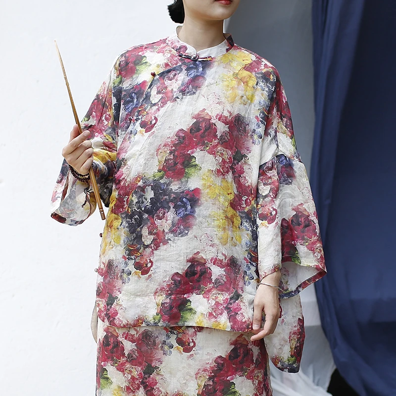 Camicia casual da donna in stile cinese Nuovo arrivo 2025 Estate Vintage Stampa floreale Allentato Comodo top in lino femminile Camicie M1784