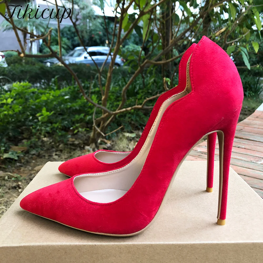 Tikicup Solid Red Flock Women Sexy Elegant 12cm Stilettos V Cut High Heels Pointed Toe Celebrity For Pumps Dress Curl Cut Shoes