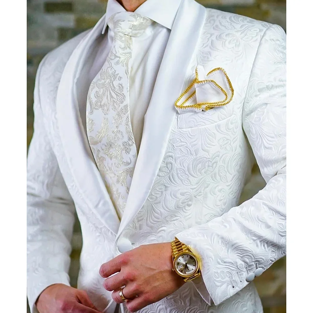 

Custom Made Jacquard Groomsmen White Groom Tuxedos Shawl Lapel Men Wedding Suits Prom Party Best Blazer Handsome Pants Set