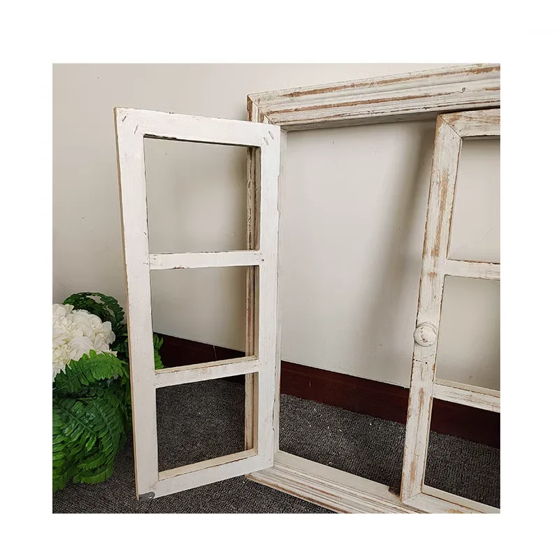 Handmade Farmhouse Retro Vintage Wood Wall Decor Window Frame with Openable Doors