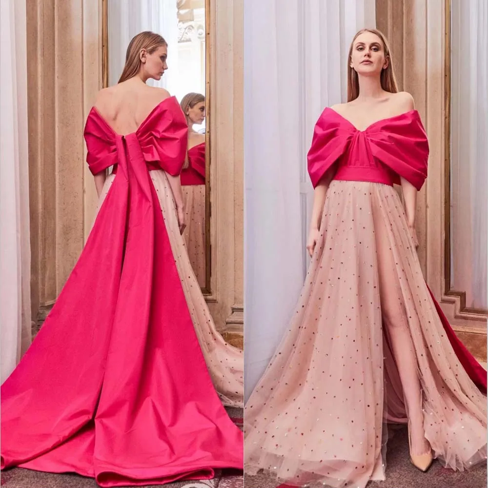 Unique Two Colors Prom Gown Fuchsia and Pink Off the Shoulder Formal Party Dresses with Cape Train فساتين للحفلات الراقصة Custom