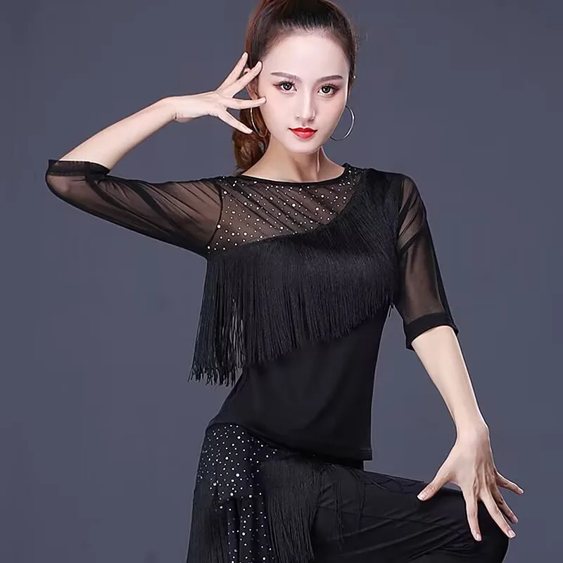 Fringe Latin Dance Costume Women Salsa Tango Dance Tops Women Mesh Medium Sleeve Ballroom Dance Practice Clothes Professional