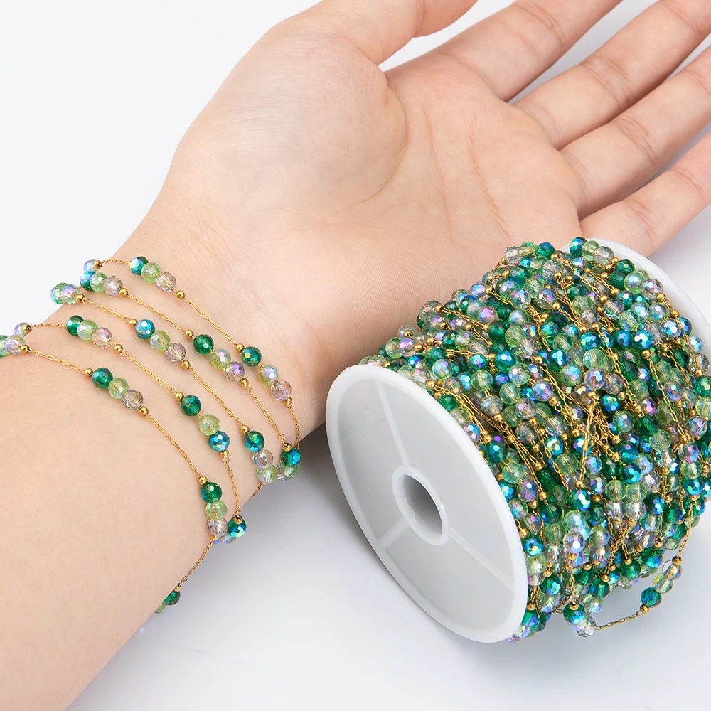 1meter Green Crystal Bead Stainless Steel Chain Natural Stone Beads Necklace Chian Sweater Chain Supplies for Jewelry Making DIY