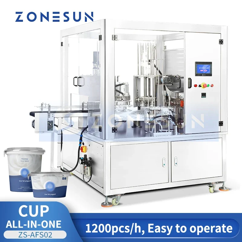 Zonesun ZS-AFS02 ماكينة تعبئة وختم الأكواب الأوتوماتيكية ماكينة حشو الأكواب الدوارة ماكينة ختم الأكواب الزبادي