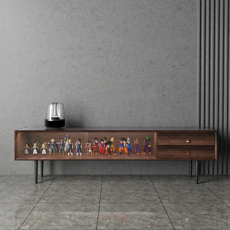 1 Wood Glass TV Cabinet Home Floor Cabinet Black Walnut Color Light Luxury Multi-Functional Display Cabinet with Light