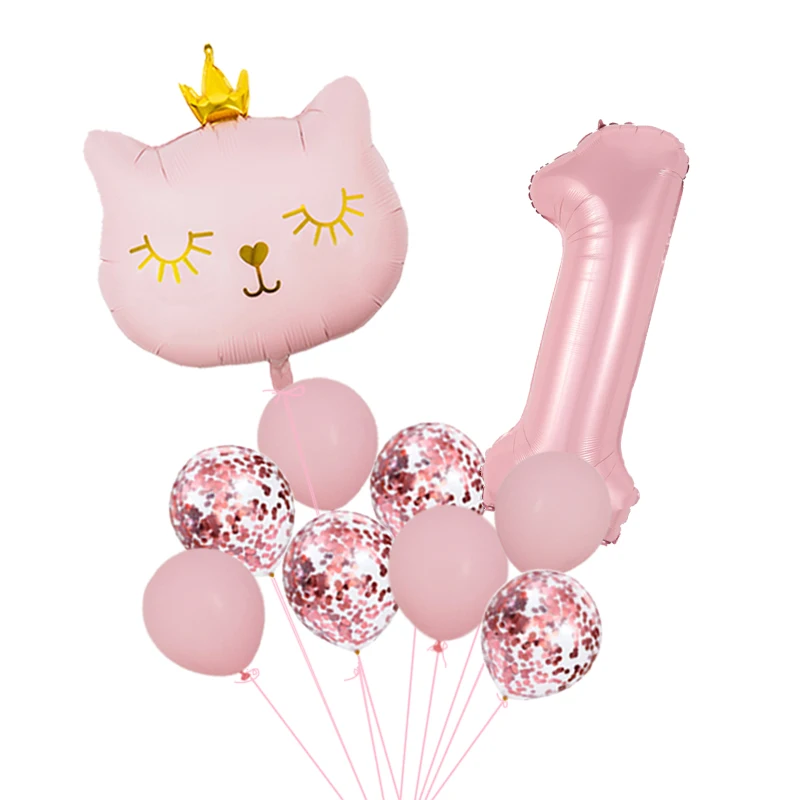 Rosa Krone Katze Folien-Zahlenballons Cartoon-Tier Wimpelkette Set Mädchen Happy Birthday Party Dekorationen Kinder Babyparty Geschenk – Detail 7