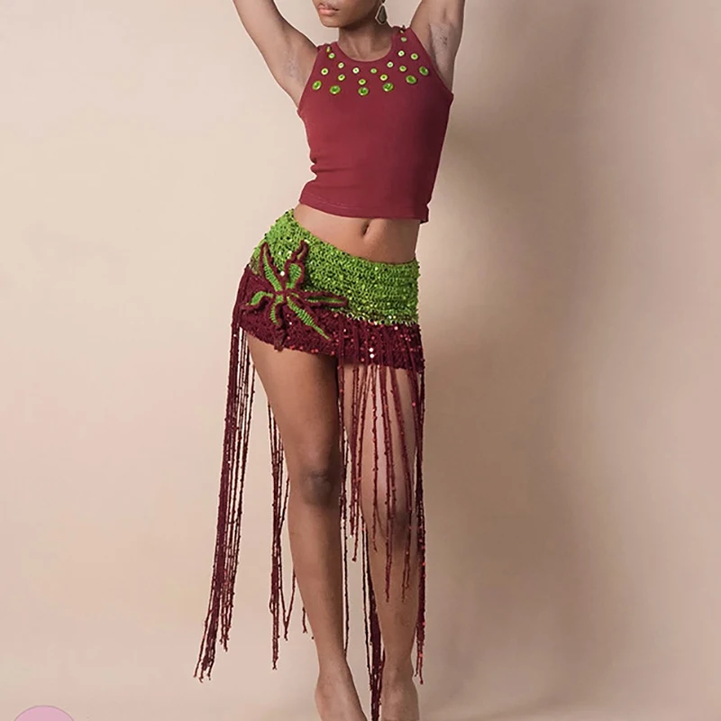 Sexy Crochet Beachwear Cover Ups Skirt Fashion Hight Waist Multi-color Knitted Skirt Lady Elegant Tassel Hollow Slim Half Skirts