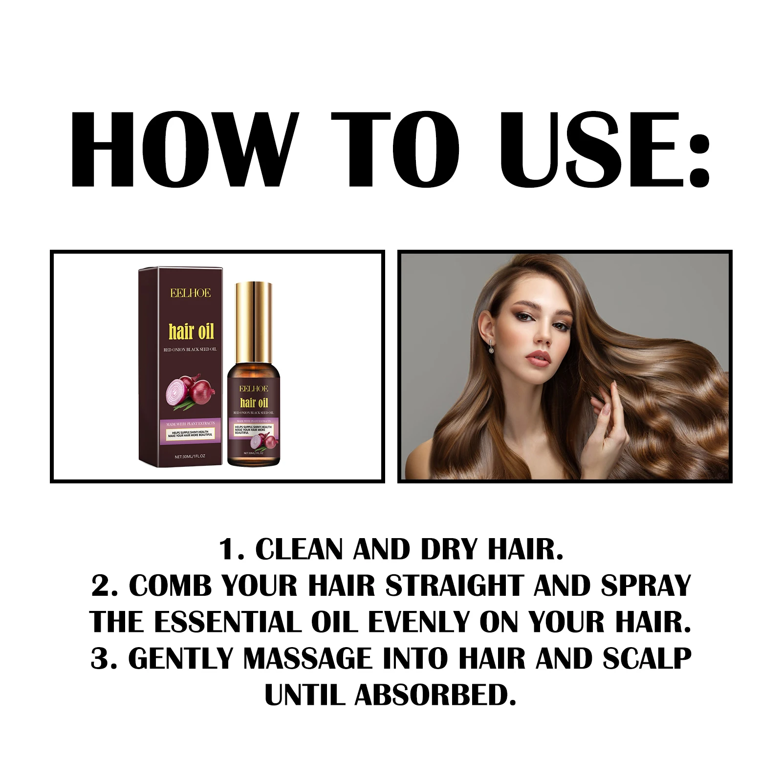 น้ำมันบำรุงผมจากหัวหอมแดง บำรุงรากผมที่เสียหาย ลดผมชี้ฟู ช่วยให้ผมชุ่มชื้น กระตุ้นผมให้หนาขึ้นและดูอวบอิ่ม