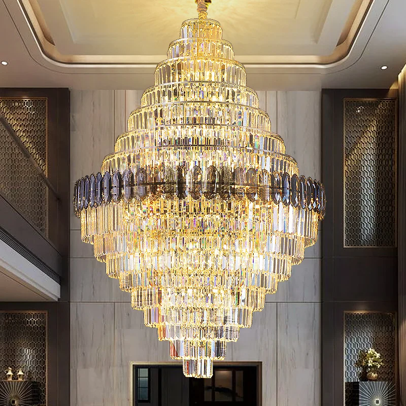 

Villa Duplex Living Room Large Chandelier Light Luxury Building Middle Floor Crystal Light Rotating Staircase Long Chandelier