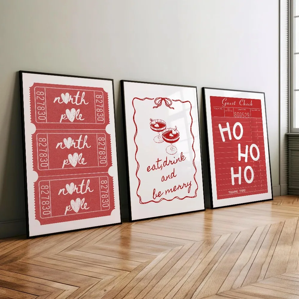 3 piezas de impresiones de arte navideño sin marco para pared: "Boleto Ártico", "Recibo de Invitados", "Come y Beb", "Diviértete", Descarga Digital, Decoración para Sala de Estar.