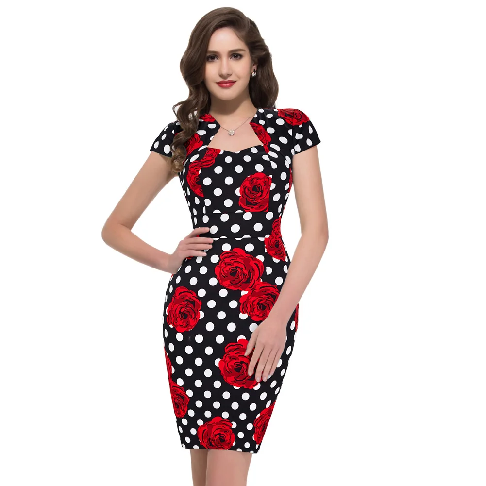 

Grace Karin Dresses Retro Vintage Cotton Hips-Wrapped knee length floral polka dot slim party Bodycon Pencil Dress women vestido