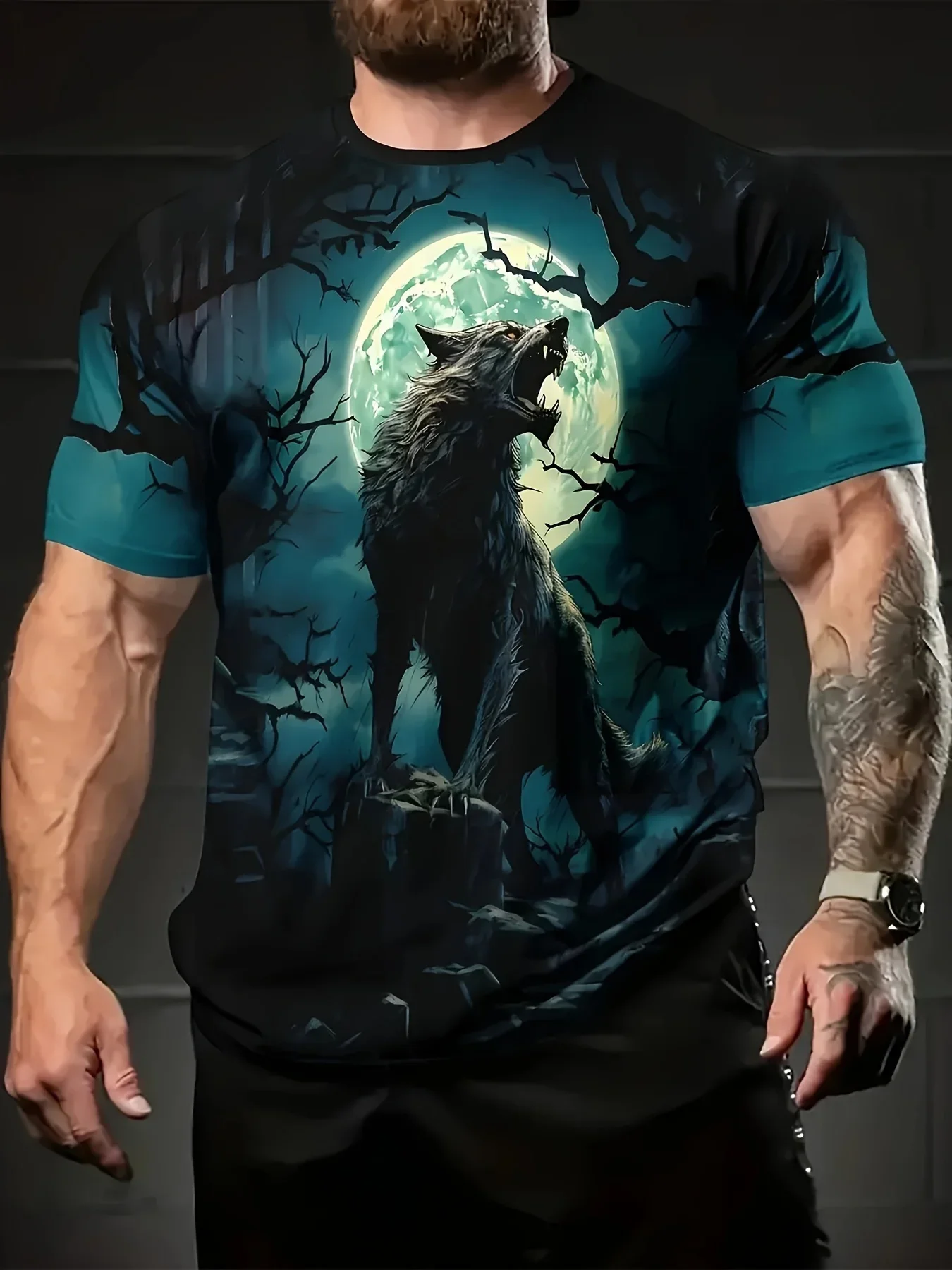 3D Howling Wolf Full Print T‑Shirt for Men Summer Outdoor Street Men's Clothing Trend Men Streetwear Tops