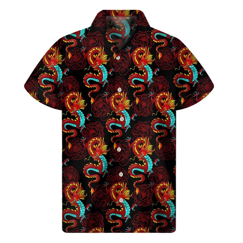 Retro Chinese Dragon Flower Hawaiian Shirts For Men 3D Print Floral Lapel Shirt Summer Street Loose Button Short Sleeves Blouse