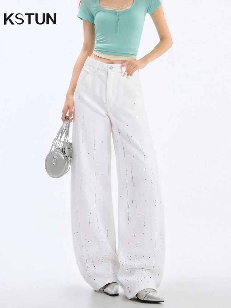 

KSTUN 100% Cotton Beige Rhinestone Denim Jeans Women High Waisted Curved Blade Pants Lady Elegant Glitter Sequined Mom Jeans