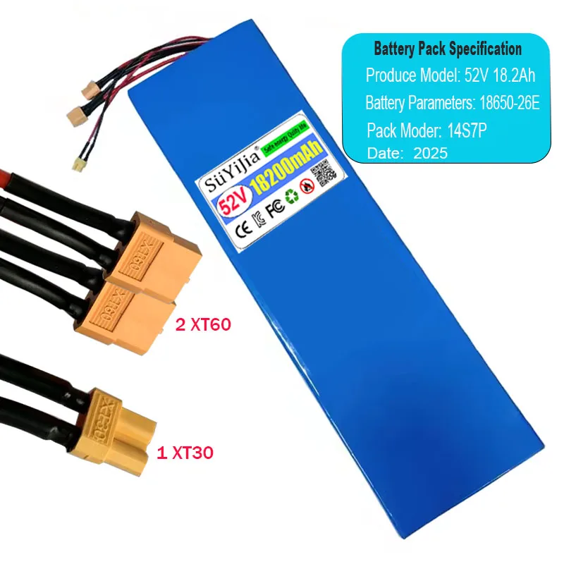 New 14S7P 18650-26E Lithium Battery 52V 18.2Ah with BMS High-Power for Electric Scooters Mountain Bikes
