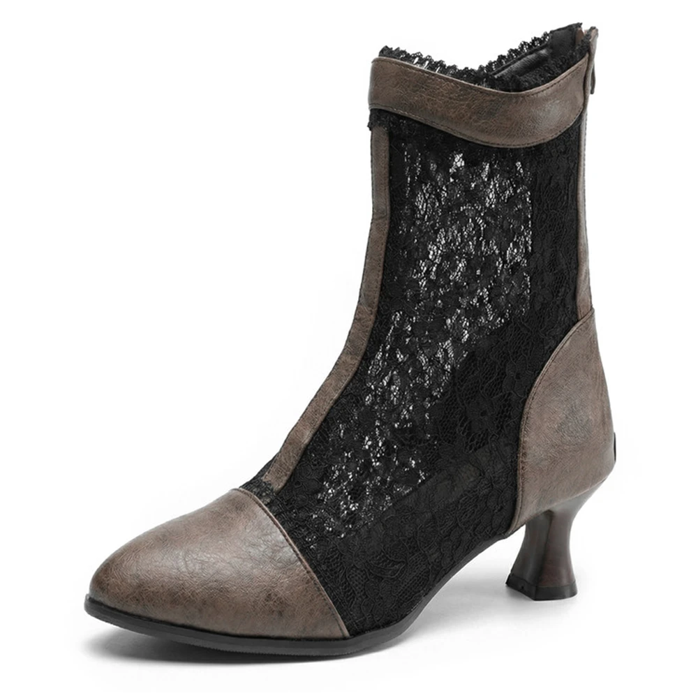 2026 New Spring Summer Boots Women Lace Breathable Patchwork with Back Zip Retro Fashion Pointed Kitten Heel Big Size 50 7714