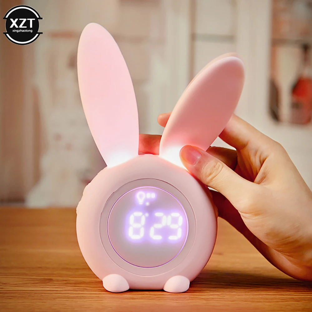 1pc LED Digital Alarm Clock Mini Cartoon Electronic LED Display Sound Control Cute Rabbit Night Lamp Desk Rechargeable Clock