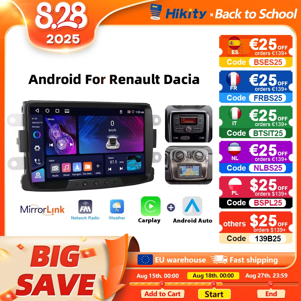Hikity 8 Android Carplay autoradio Stereo per Renault Dacia Duster Sandero Logan Dokker navigazione GPS FM/RDS 2DIN autoradio