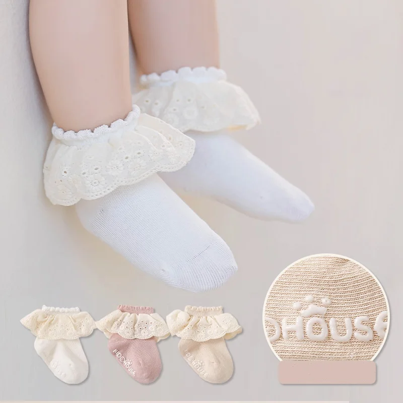 3Pairs/Set 0-3Y Baby Socks for Girls Spring Autumn Lace Trim Princess Floor Socks Cotton Boneless Anti Slip Toddlers Short Socks