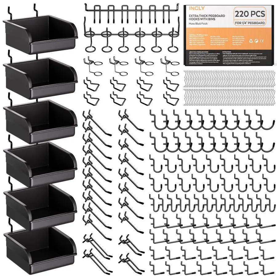 

220PCS Extra Thick 1 4 Pegboard Accessories Organizer Kit, Heavy Duty Black Pegboard Hooks with Bins and Peg Lock, Peg Board Hoo