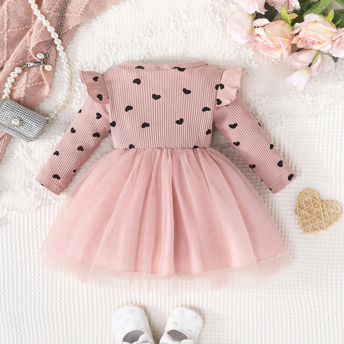 Winter 2024 Girls Dress Girls Long Sleeve O Neck Print Heart Pink Dress Cute Preepy Look Birthday Party Dresses Vestidos 6M-3T