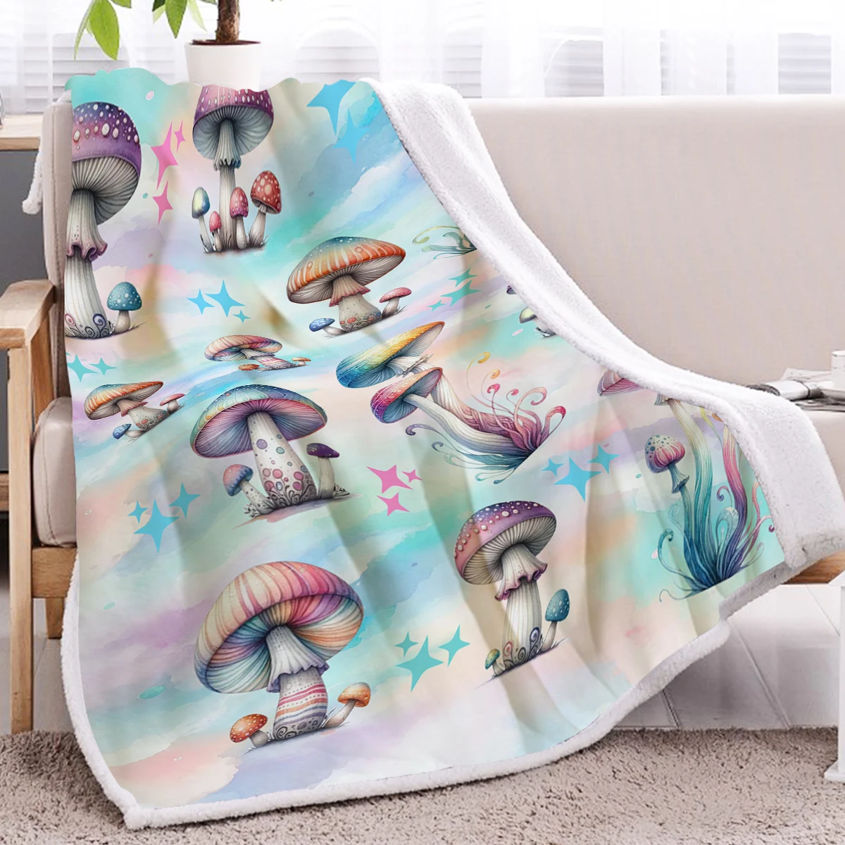 

Colourful Mushrooms Printed Sherpa Fleece Blanket for Boys Girls Adults Warm Cozy Throw Blanket Sofa Bed Home Decor