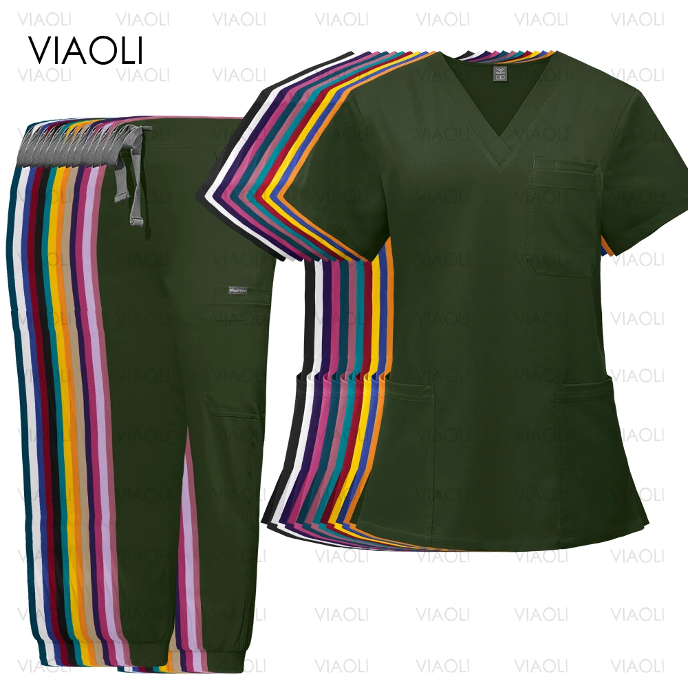 

Multicolour Jogger Suits Doctor Nursing Uniforms V-neck Tops Pocket Pants Set Nurse Uniforms Scrubs Set Medical Clinical Clothes