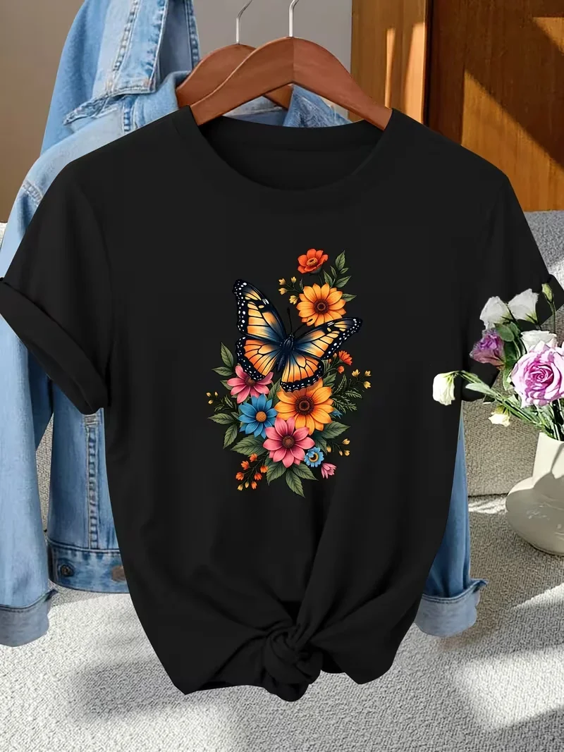 Elegant Monarch Butterfly and Color Floral Print Women Tee Crew Neck Short Sleeve T-Shirt Stylish Casual Daily Women Vintage Tee