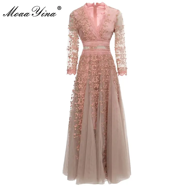 MoaaYina Elegant Summer dress Women's Dress V-Neck Long Sleeves Appliques Hollow out Pink Mesh Casual Vaction Dresses