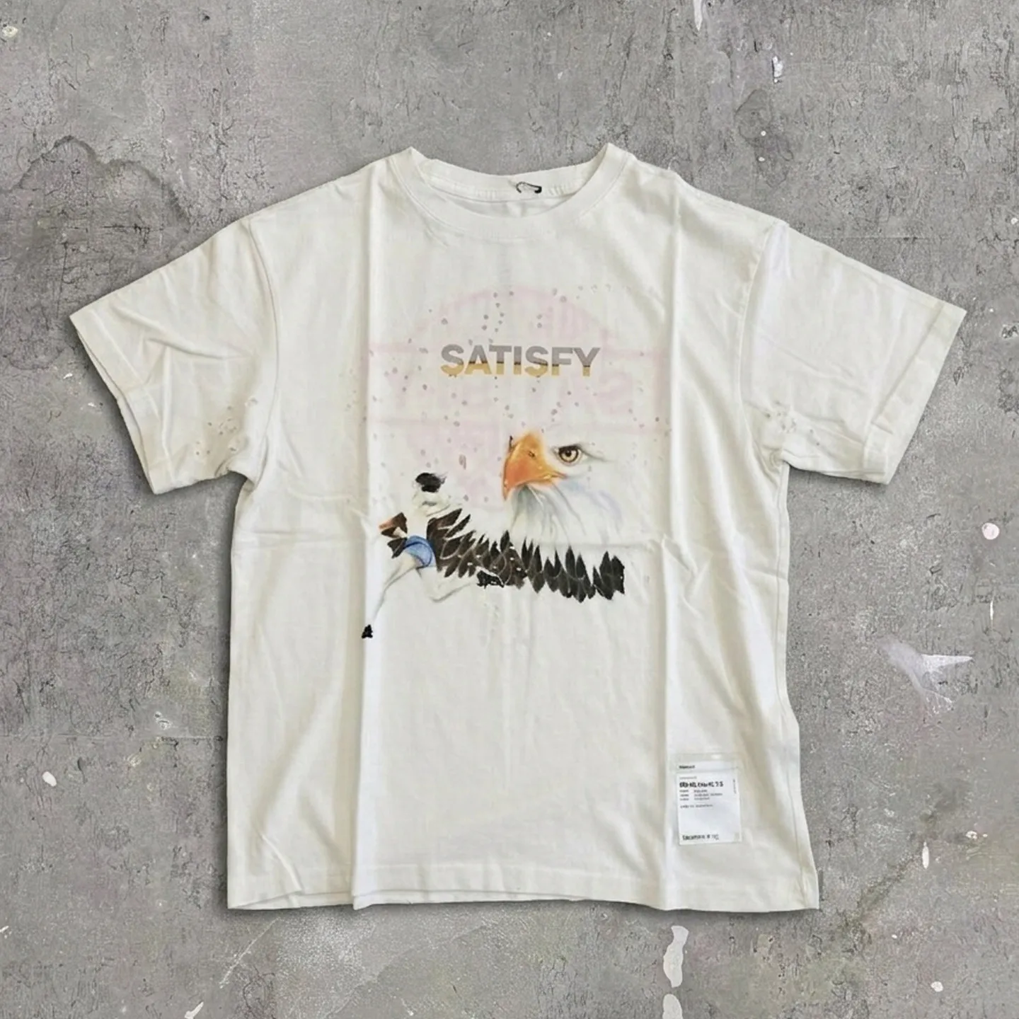 Satisfy Vintage Graphic High Street Vintage Portrait Eagle Print Destroy Short Sleeve T-Shirt