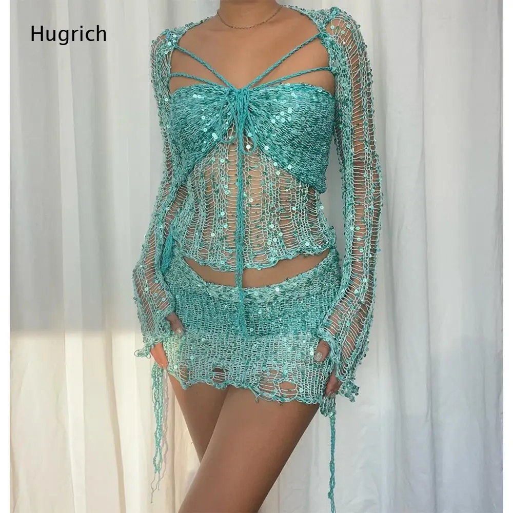 Women Sequin Mesh Knit 3 Piece Outfit Long Sleeve Hollow Cover Up Top Strappy Tie Front Bandeau Mini Skirt Y2K Club Party Set