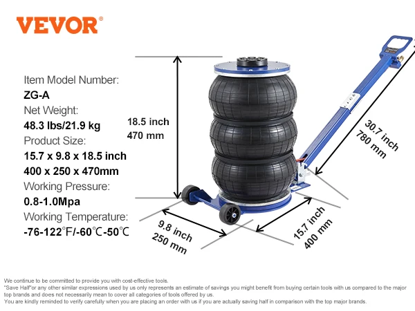 SucceBuy pneumatische krik 3 ton/5 ton drievoudige zak luchtkrik snellift zware autoreparatiekrikken opvouwbare stangkrikken met twee wielen