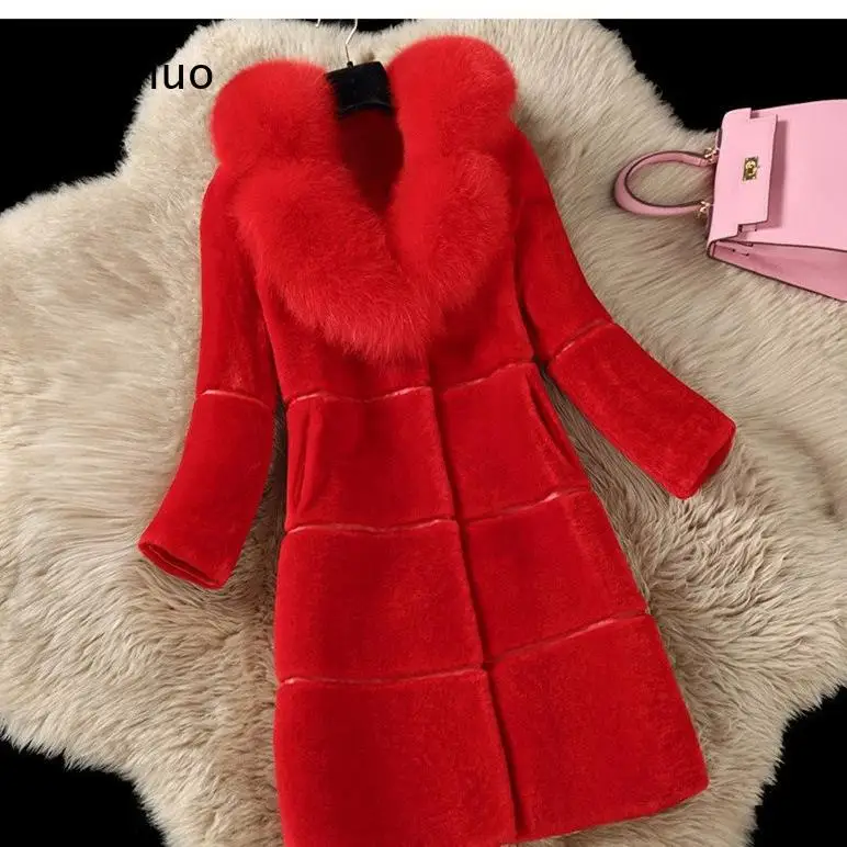 Women's Wool Fleece Coat Faux Fox Fur Collar Medium Long Winter Warm Outerwear Elegant Jacket for Daily Work Travel