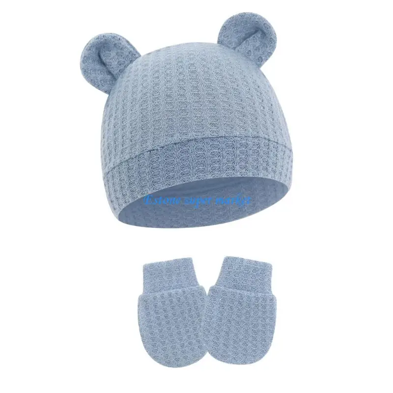 090B Stretchable Baby Hospital Hat And Mittens Set Fit 0 to 6 Months Cotton Bear Ears Design For Infant Wear
