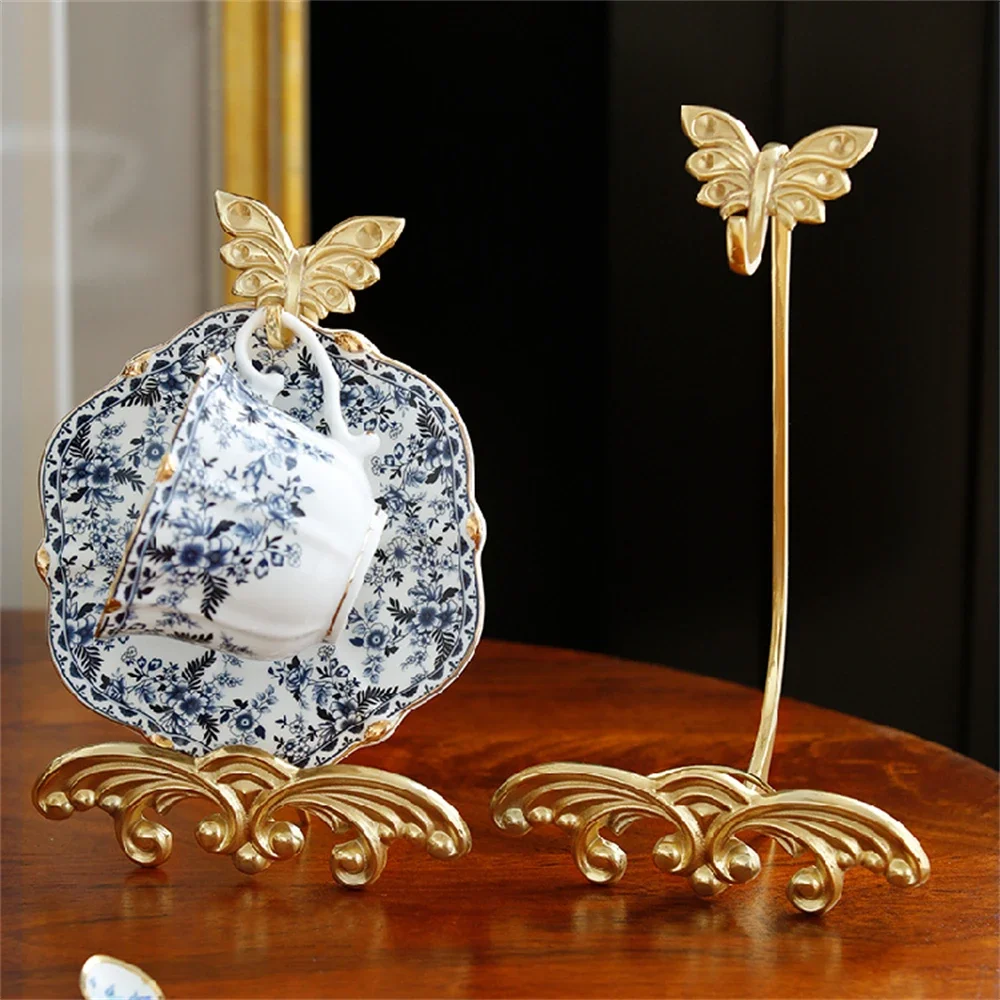 British Handmade Brass Storage Rack Double Storage Coffee Cup Saucer Living Room Dining Room Butterfly Tassel Storage Rack