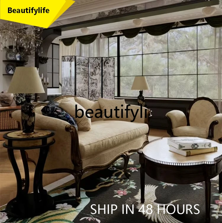 

6239 Vintage Solid Wood Sofa Luxury Villa Living Room Three-Seater Fabric Sofa