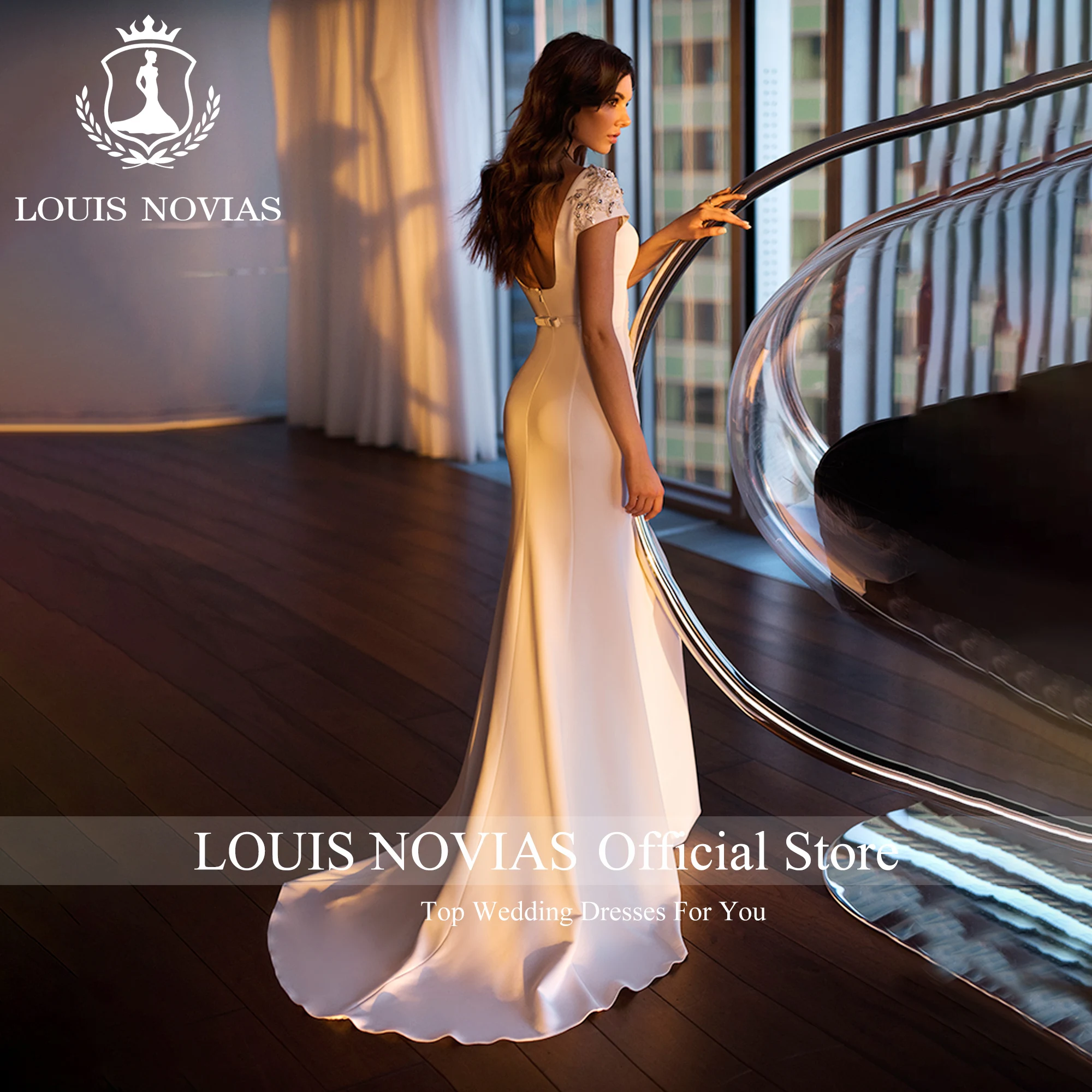 Louis novias ชุดแต่งงานซาตินนางเงือกสำหรับผู้หญิง2023เจ้าสาวแขนสั้นประดับด้วยลูกปัดชุดเจ้าสาว backless vestido de Novia