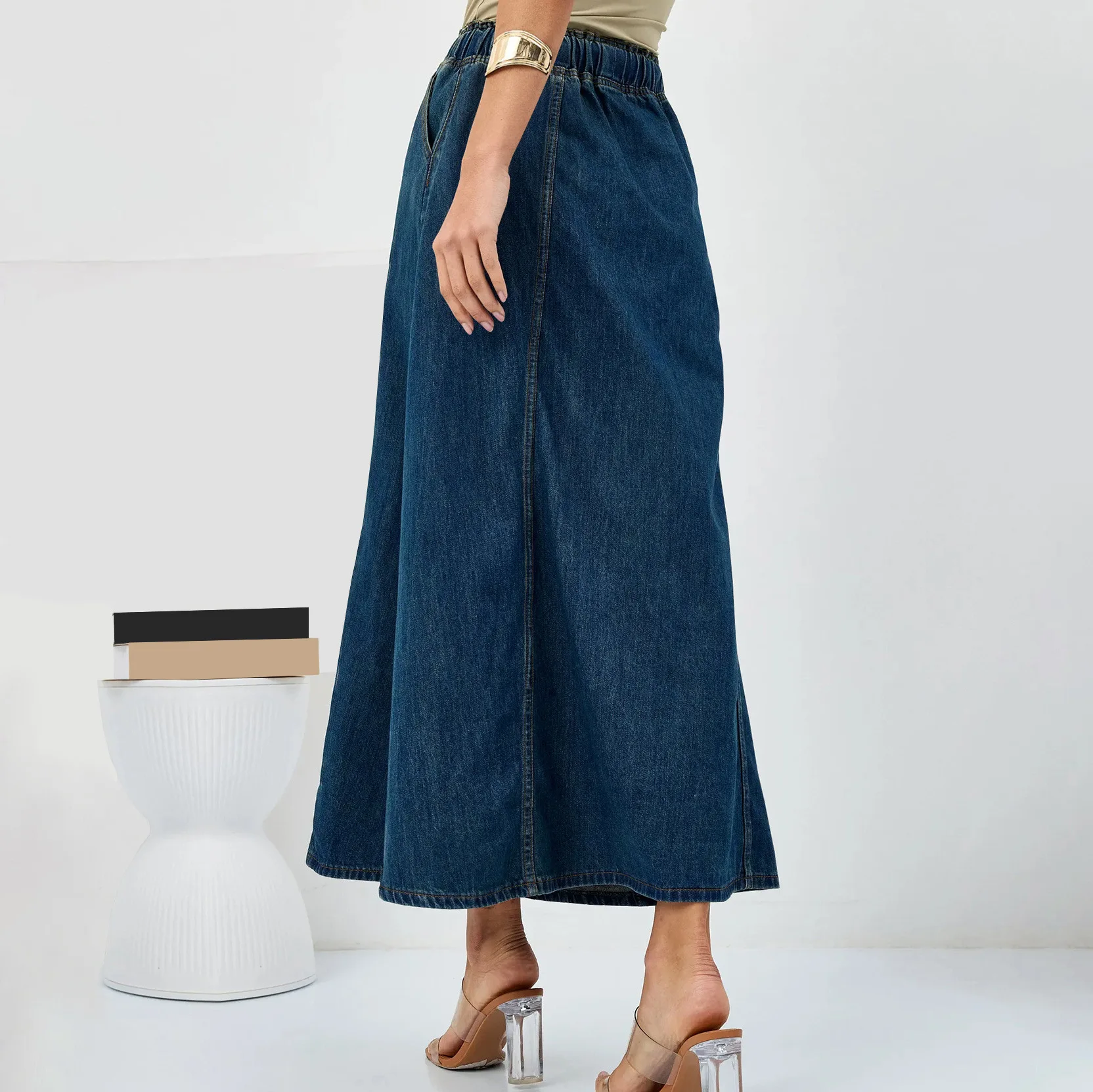 Harajuku Denim Skirt Y2k Aesthetic Elastic Drawstring High Waist A Line Flare Jean Skirt Ladies Vintage Skirts Streetwear