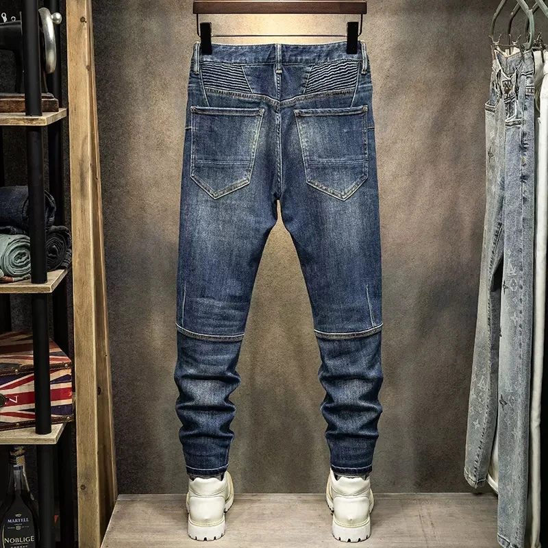 Street Fashion Men Jeans Retro Blue Spliced Designer Elastic Skinny Biker Jeans Men Punk Trousers Patched Hip Hop Denim Pants