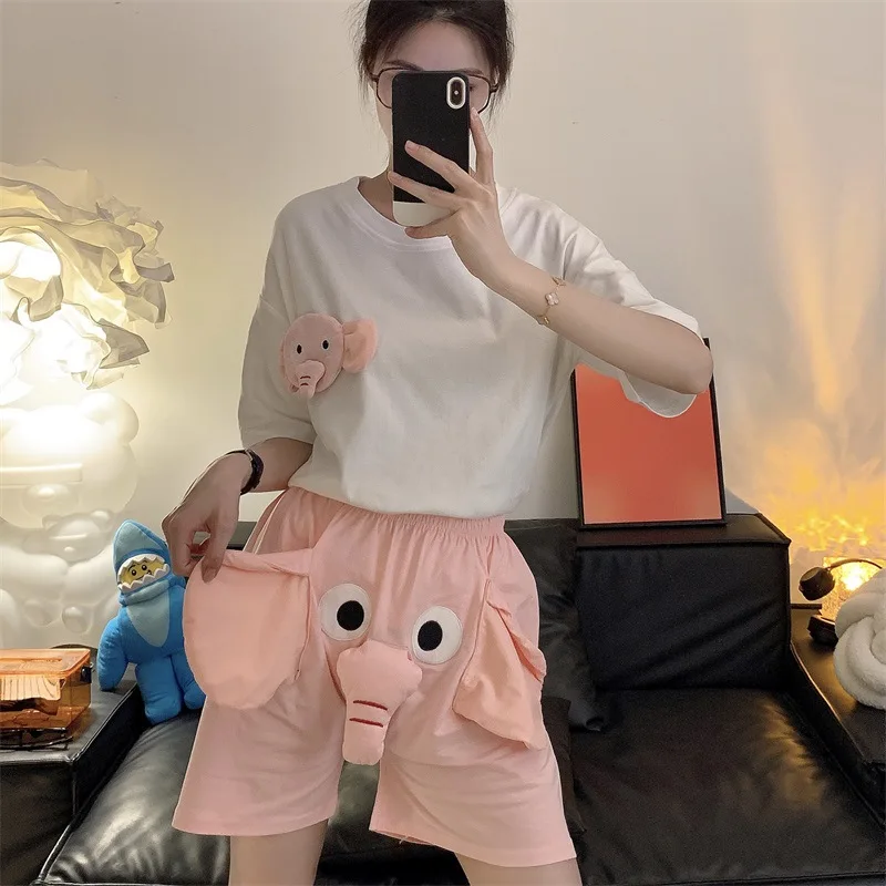 Sleepwears Summer Pajamas Women\'s Quirky Cute Elephant Suit Couple Short-sleeved Pajama Sets Two-piece Set Casual Homewear