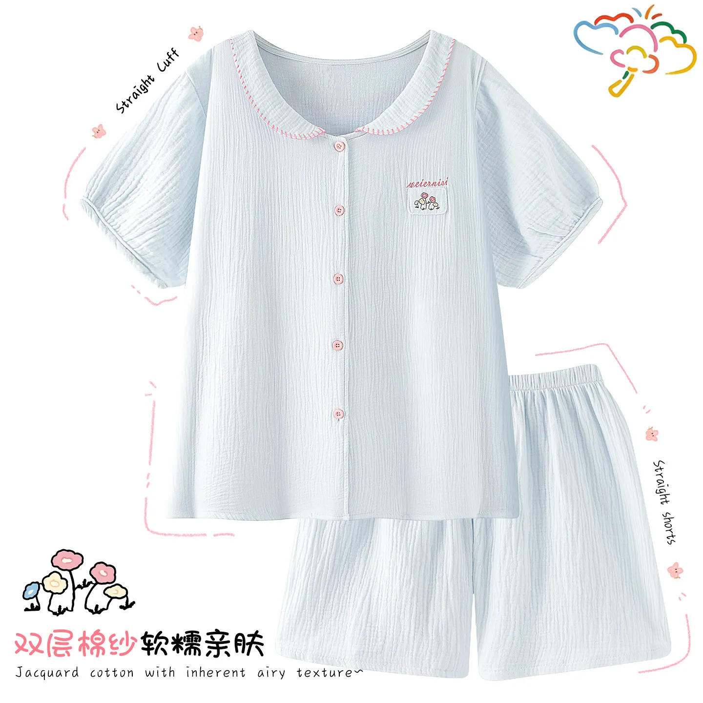 cute-lolita-girls-double-layer-cotton-gauze-sleepwear-set-peter-pan-collar-button-shirt-mini-embroidery-matching-loose-shorts