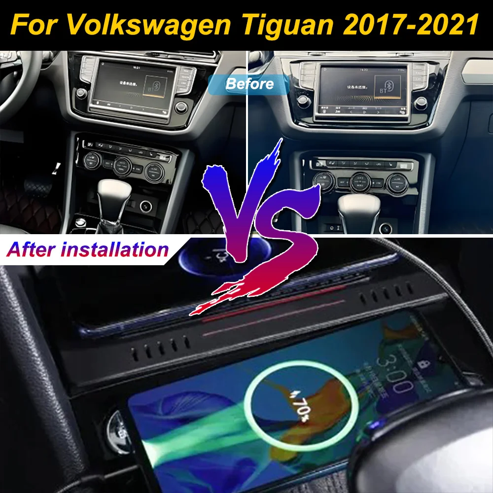 Carregador sem fio 2 Din para Volkswagen Tiguan 2017-2021, suporte para celular no console central com carregamento rápido para iPhone.