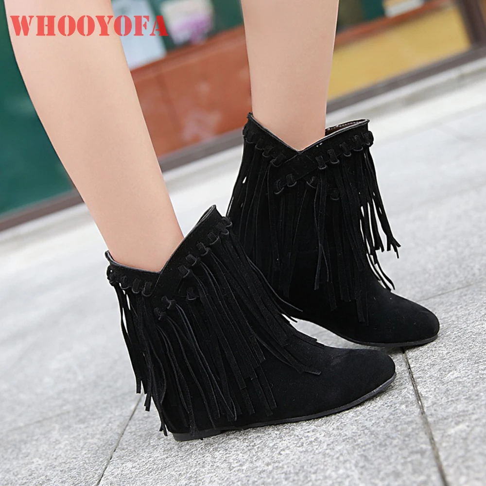 

New Winter Comfortable Black Brown Women Boots Wedge Fringle Med Heel Lady Shoes Plus Big Small Size 12 33 43 46 48