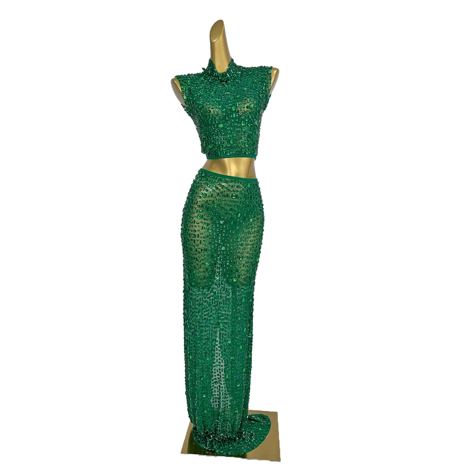 Flashing Green Crystal Celebrate Evening Birthday Dress Luxury Top Short Skirt 2-Pieces Sets Performance Costume Wear Gesebei