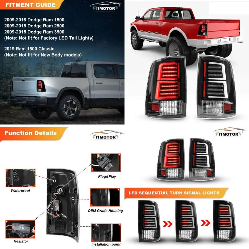 

Sequential LED Tail Lights for 2009-2018 Dodge Ram 1500, 2500, 3500 - Glossy Black Housing, Replacement for Car Rear Lights, Inc